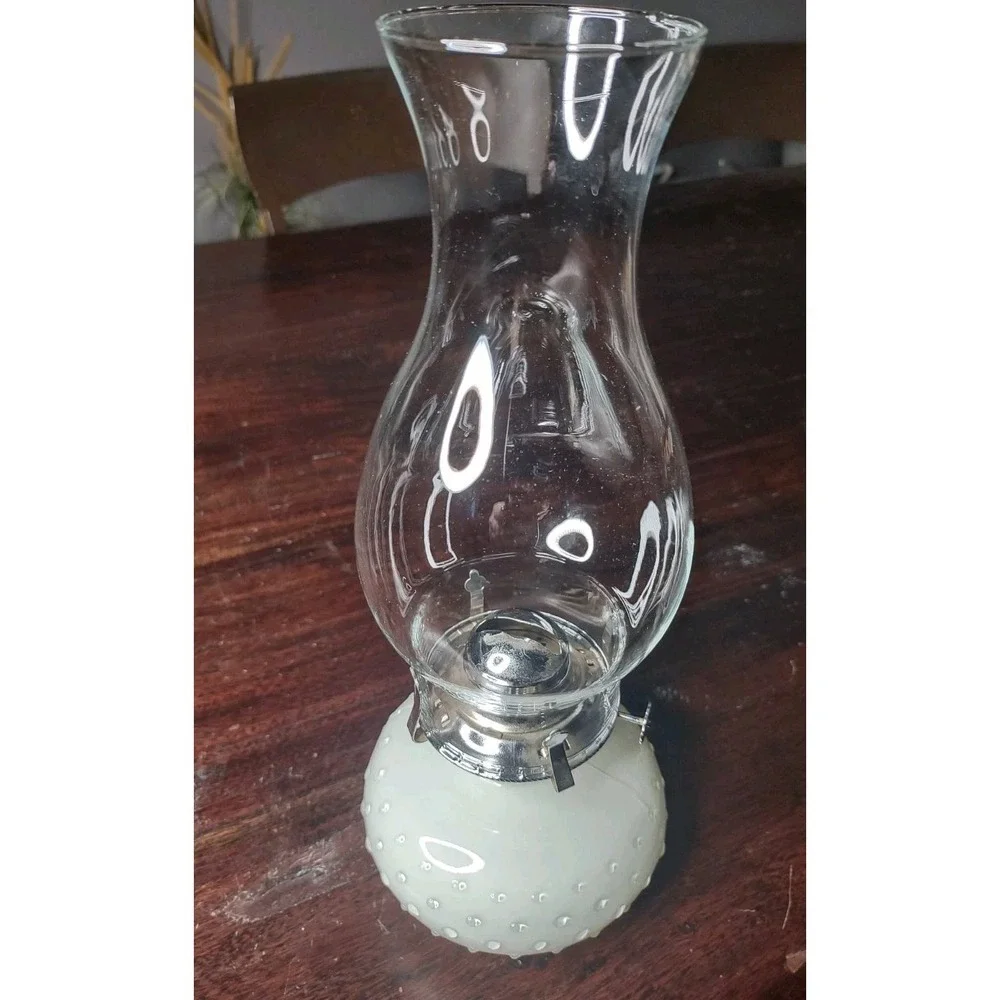 Vintage Hobnail Milk Glass Oil Lamp w/ Clear Chimney 12